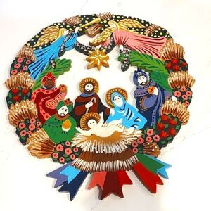 Hand Painted Wooden Nativity Scene Hanging Wreath Vintage